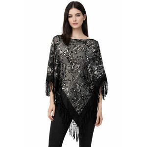 Silk Blend Velvet Burnout Shawl Poncho Cape Fringe Black Goth One Size Flapper
